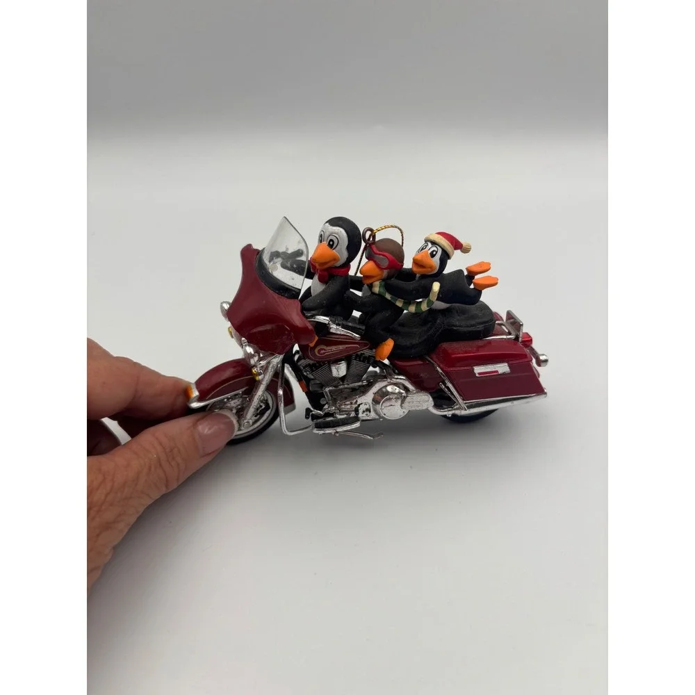Harley Davidson Penguins on Electra Glide Motorcycle Christmas Ornament Maroon